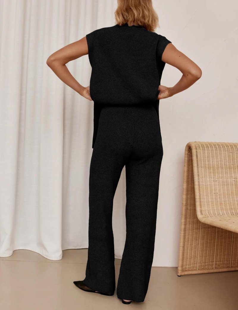 Lviefent Womens 2 Piece Outfits Sweater Set Sleeveless Side Slit Pullover Top Knit Wide Leg Pants Lounge Matching Sets (Black-L)