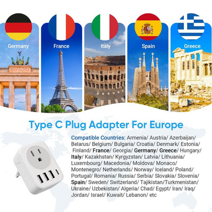 [2-Pack] European Travel Plug Adapter, RATEA International Power Plug Adapter with 3 USB Type A, 1 Type C Outlet Adaptor Charger for US to Most of Europe EU Spain Italy France Germany