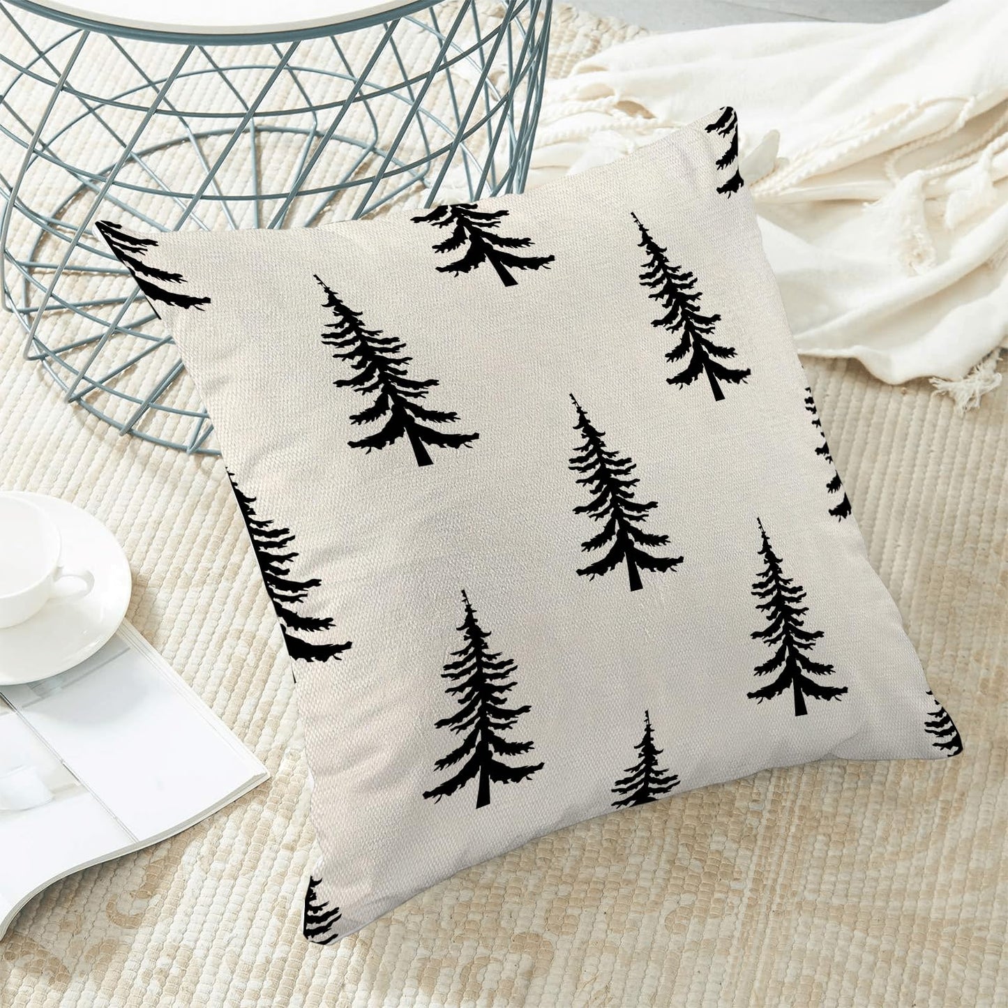 Christmas Pillow Covers 18x18 Inch Set of 2 Cream Black Christmas Tree Decor Throw Pillows Winter Xmas Holiday Outdoor Cushion Cases for Couch Bed Decorations
