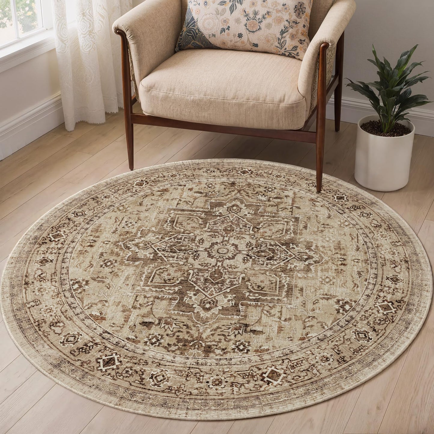 Jainmy Neutral Brown Round Washable Rugs 5ft, Farmhouse Vintage Medallion 5 Feet Circle Rug for Living Room Under Coffee Table, Low Pile Thin Non Slip 5x5 Round Carpet for Dining Room/Bedroom/Entry