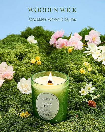 M&SENSE Sage Citrus Scented Candle, Cracking Wooden Wick Soy Wax, 18oz 100 Hours Long Lasting Clean Burn, Large Jar Candles for Home Decor, Non-Toxic Relaxing Fall Winter Aromatherapy Gifts for Women