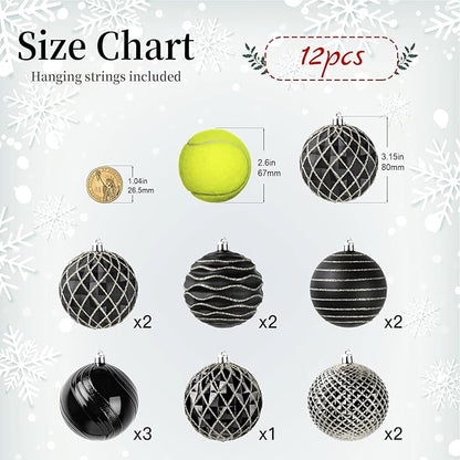 SHareconn 80mm Christmas Balls Ornaments,12PCS Colored Shatterproof Plastic Decorative Hanging Tree Decorations Baubles Set for Xmas Tree Decor Holiday Party Wedding Decoration with Lanyard,Black&Gold