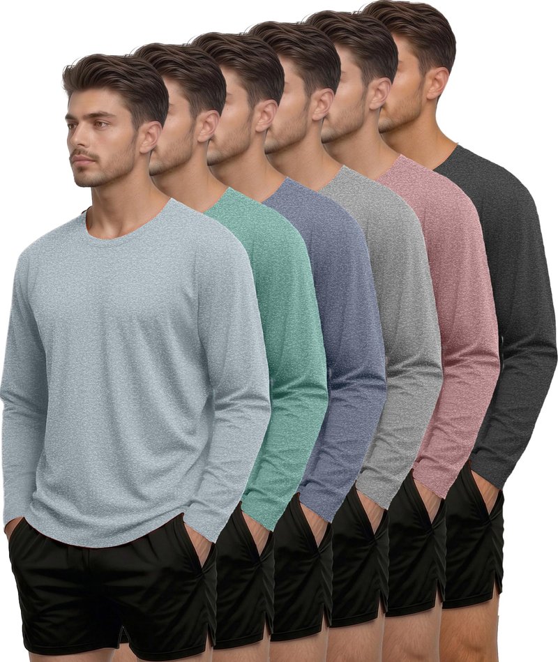 Kinglaman 6 Pack Men Dry Fit Workout Long Sleeve Athletic Gym UPF 50+ SPF UV Sun Protection Quick Dry Lightweight Shirts 1 Black 1 Gray 1 Heather Gray 1 Blue 1 Red 1 Green XX-Large