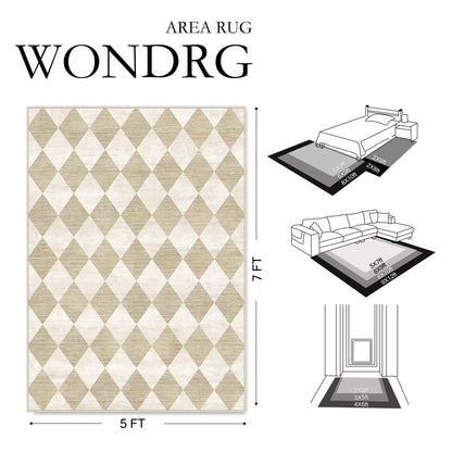 WondRg 5x7 Checkered Beige Area Rug for Living Room Bedroom Washable Soft Modern Non Slip Thin Throw Rug Lightweight Low Pile Neutral Carpet Dining Room Nursery Playroom Office
