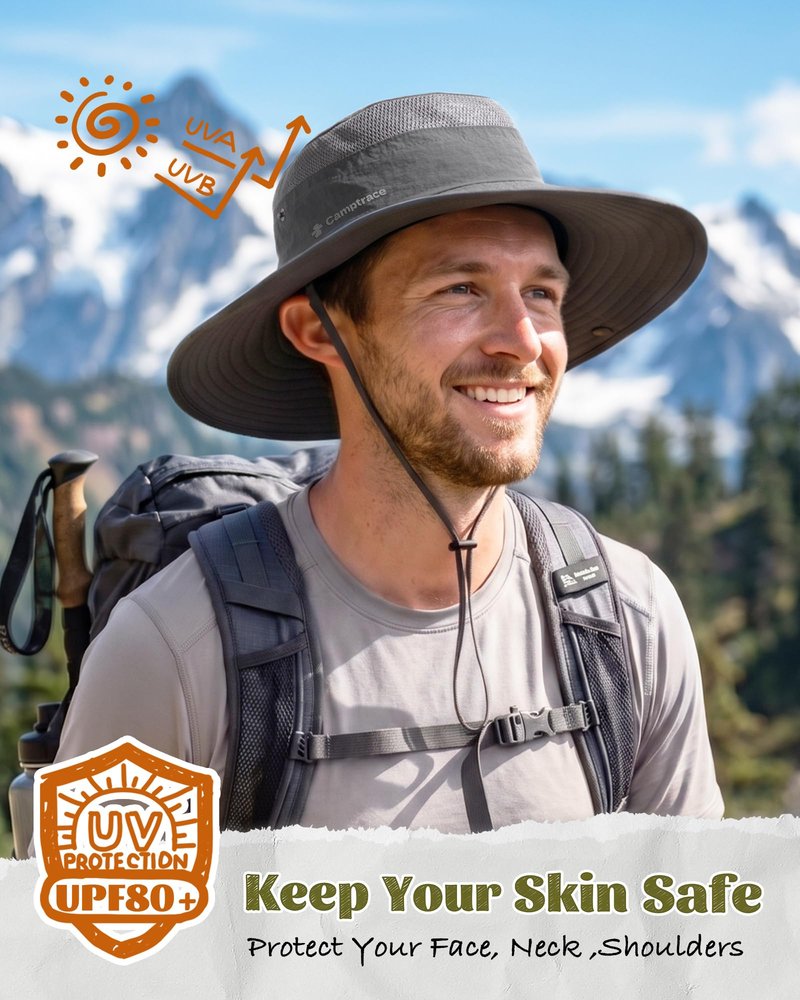 Sun Hats for Men Women Breathable Wide Brim Fishing Hat Hiking Summer UV Protection Bucket Hats UPF 80+ Dark Grey