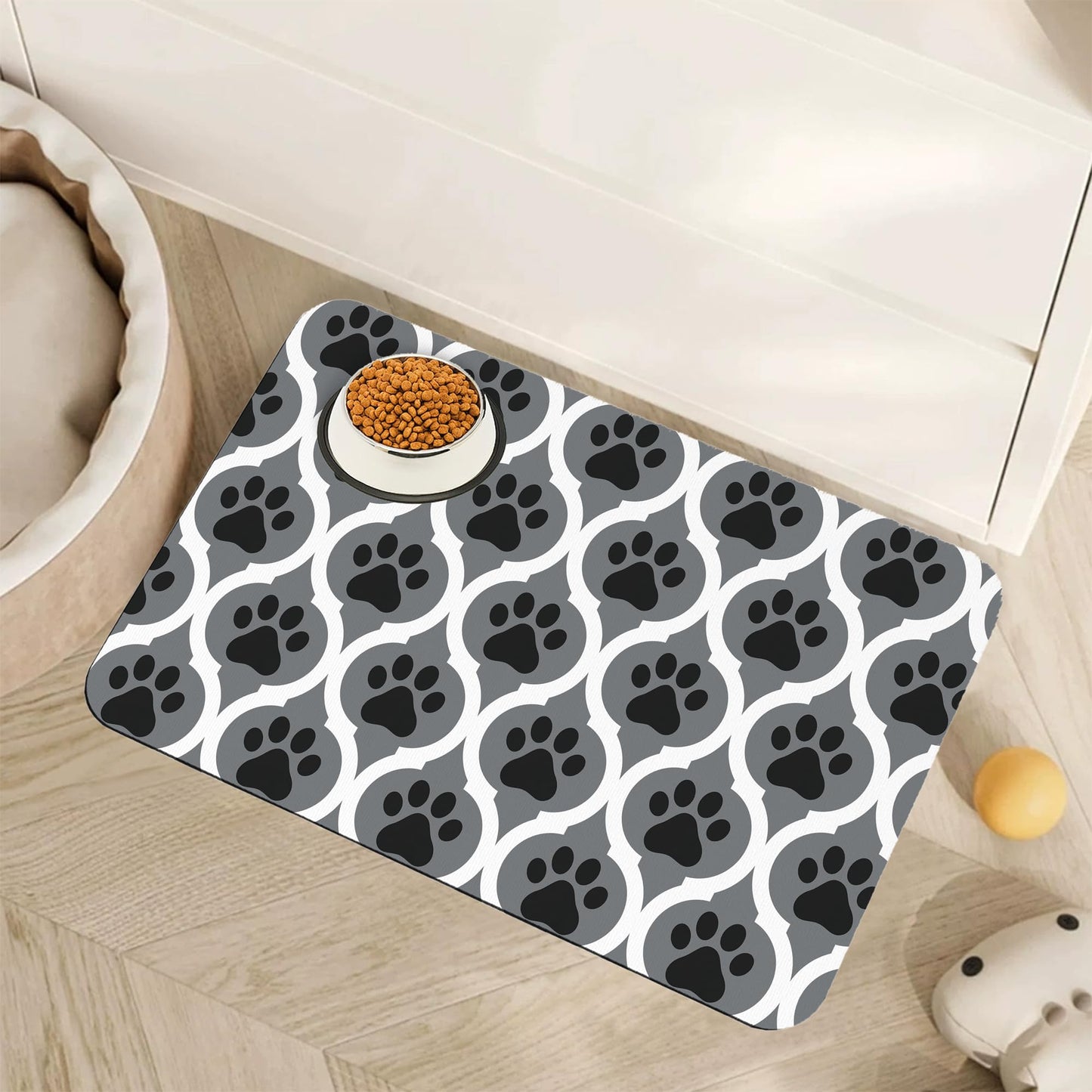 Gray Paw Print Geometric Dog Cat Food Mat,Absorbent Pet Feeding Mat for Food and Water,Non-Slip Dog Bowl Mats Floor Protector 12"x20"