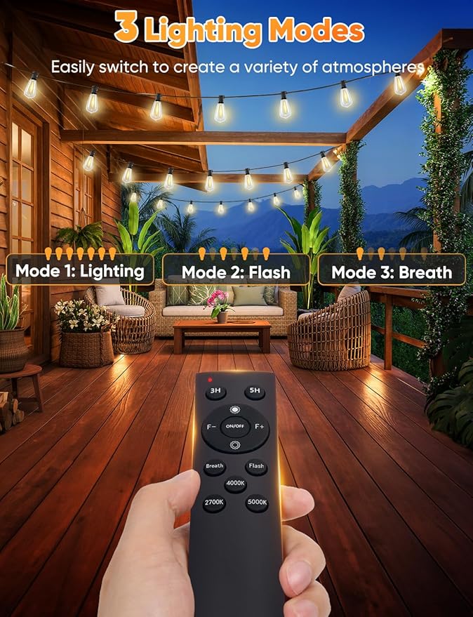 Brightever 3 Color in 1 Outdoor String Lights with Remote, 150FT LED String Lights for Outside with 47 ST38 Vintage LED Bulbs, Waterproof IP65 Outdoor Light for Patio, Bistro, 2700K/4000K/5000K