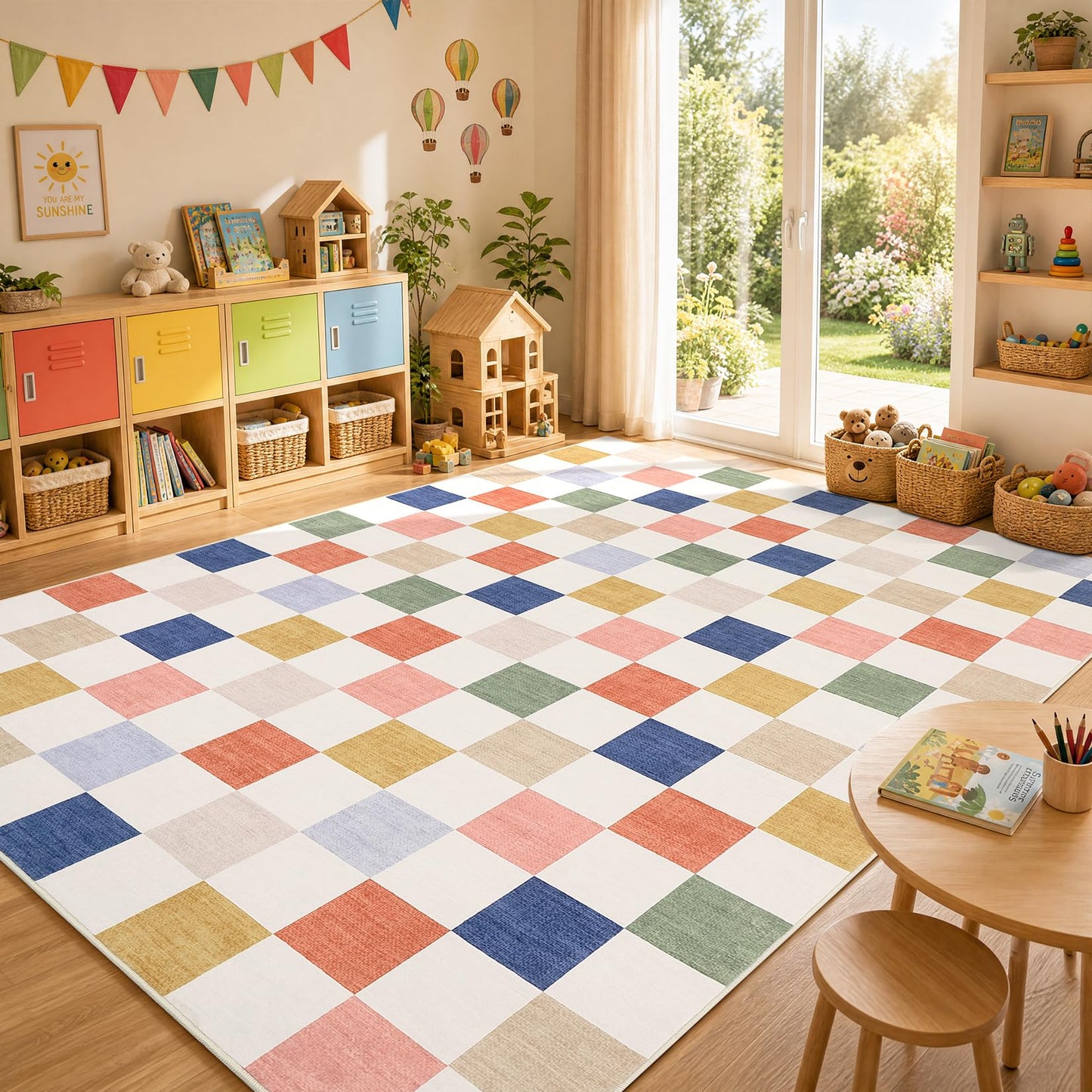 GarveeHome Checkered Nursery Kids Boy Playroom 5x7 Washable Rug Geometric Modern Soft Low-Pile Stain Resistant Rug for Bedroom Living Room Entryway Non-Slip TPE Backing