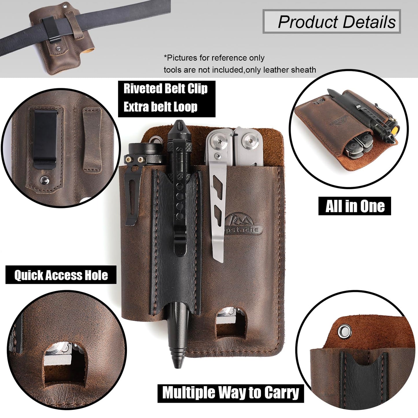 Topstache Leather Multitool Sheath with Belt Clip - Multi Tool Holster for Belt - EDC Belt Organizer Fits Multitool, Flashlight, Pen - Leather EDC Pouch, DarkBrown
