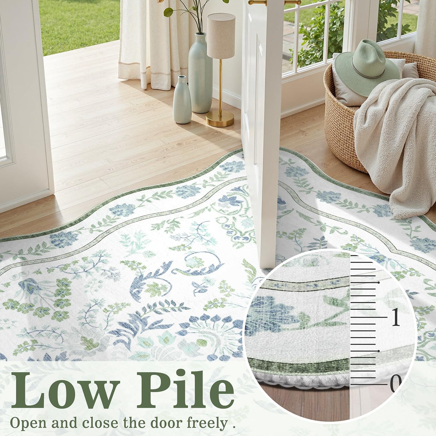 DCX Green and Blue 9x12 Rug, Kid & Pet Friendly with Rubber Back Non Slip, Washable Stain Resistant Botanical Scalloped Rug for Living Room, Bedroom, Soft Low Pile Large Nursery Carpet