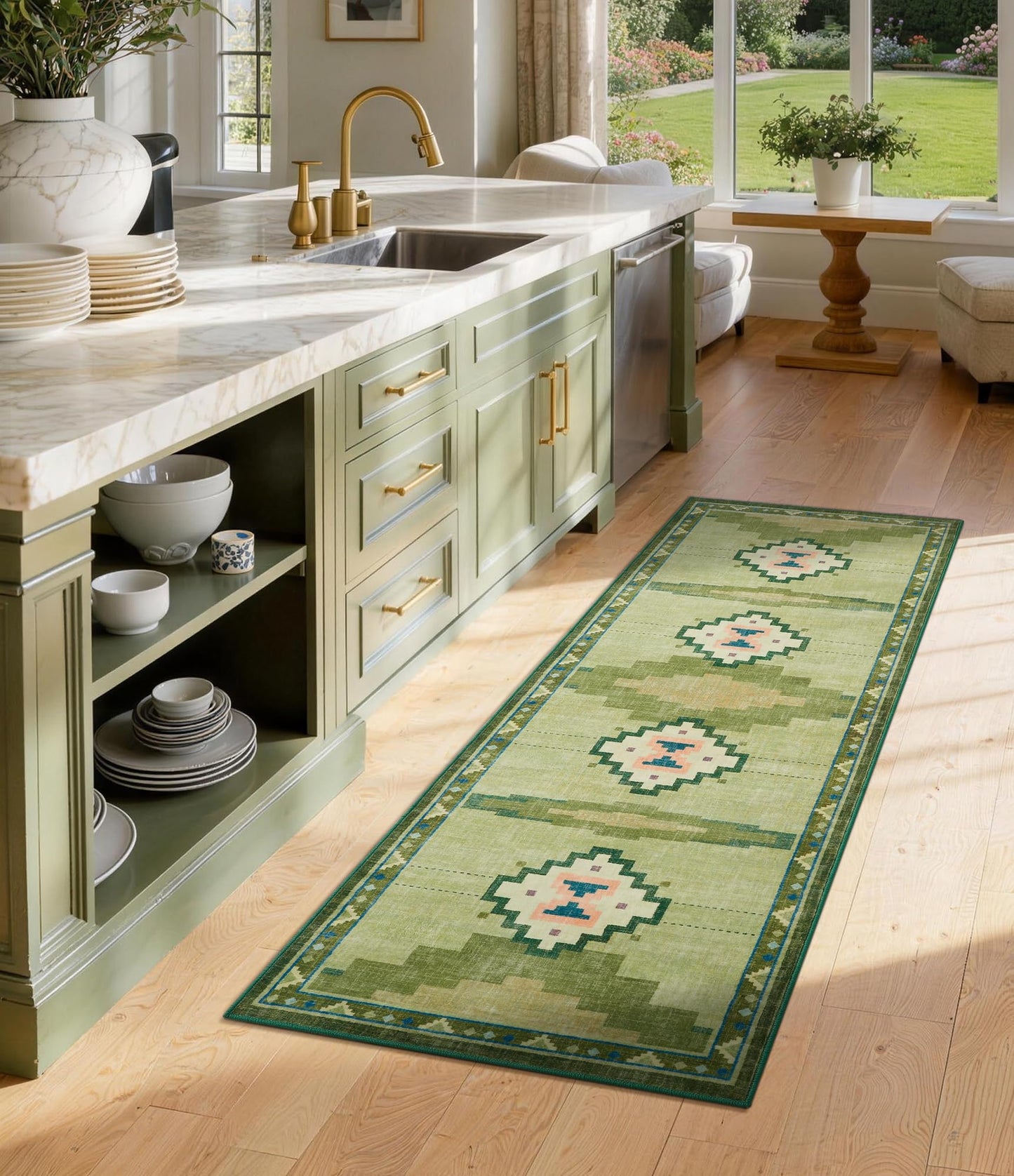 Green Hallway Runner Rug 2x6 Non-Slip, Washable Mid Century Modern Entryway Rug, Low Pile Runner Rug for Kitchen, Bedroom, Laundry Room