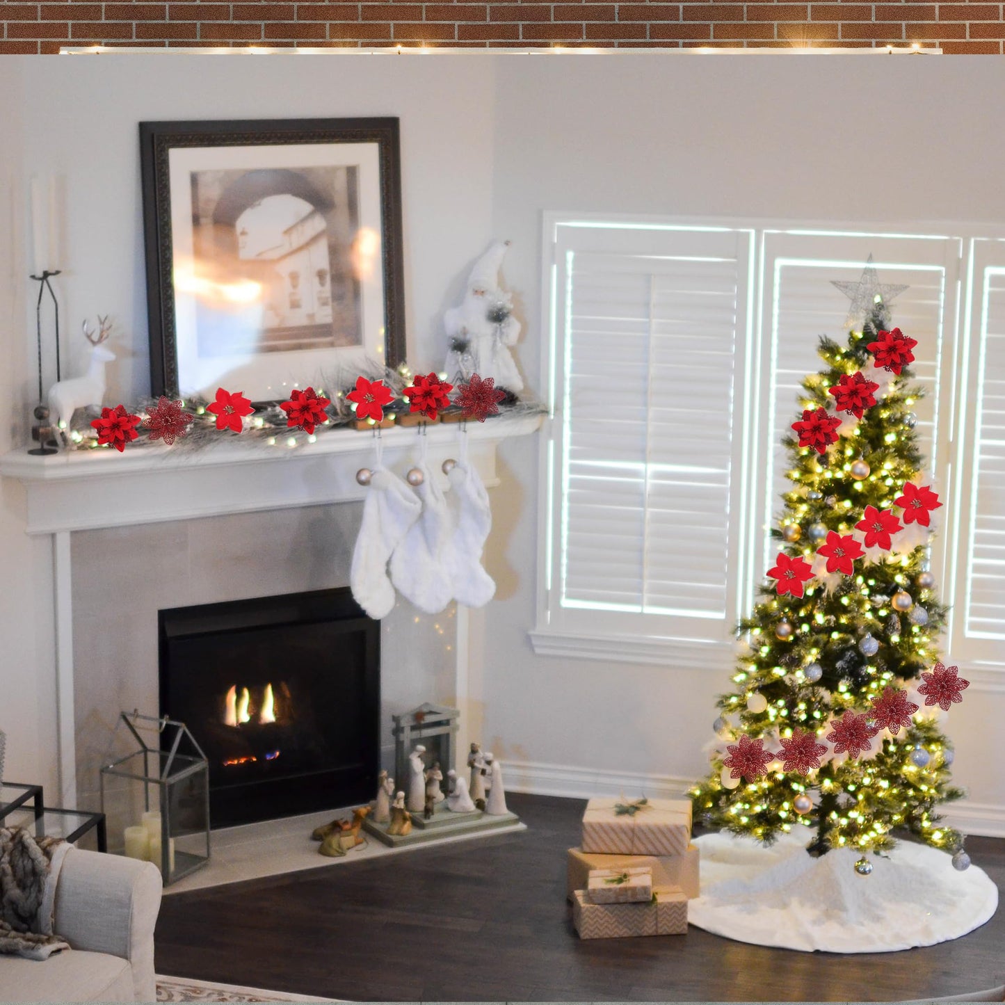 Asano Season 48 Pcs Fake Poinsettia Glitter Flowers and Berry Stems Artificial Red Christmas Flower with Clips Decoration for Xmas Tree Ornaments Party Wreath Decor (Red)