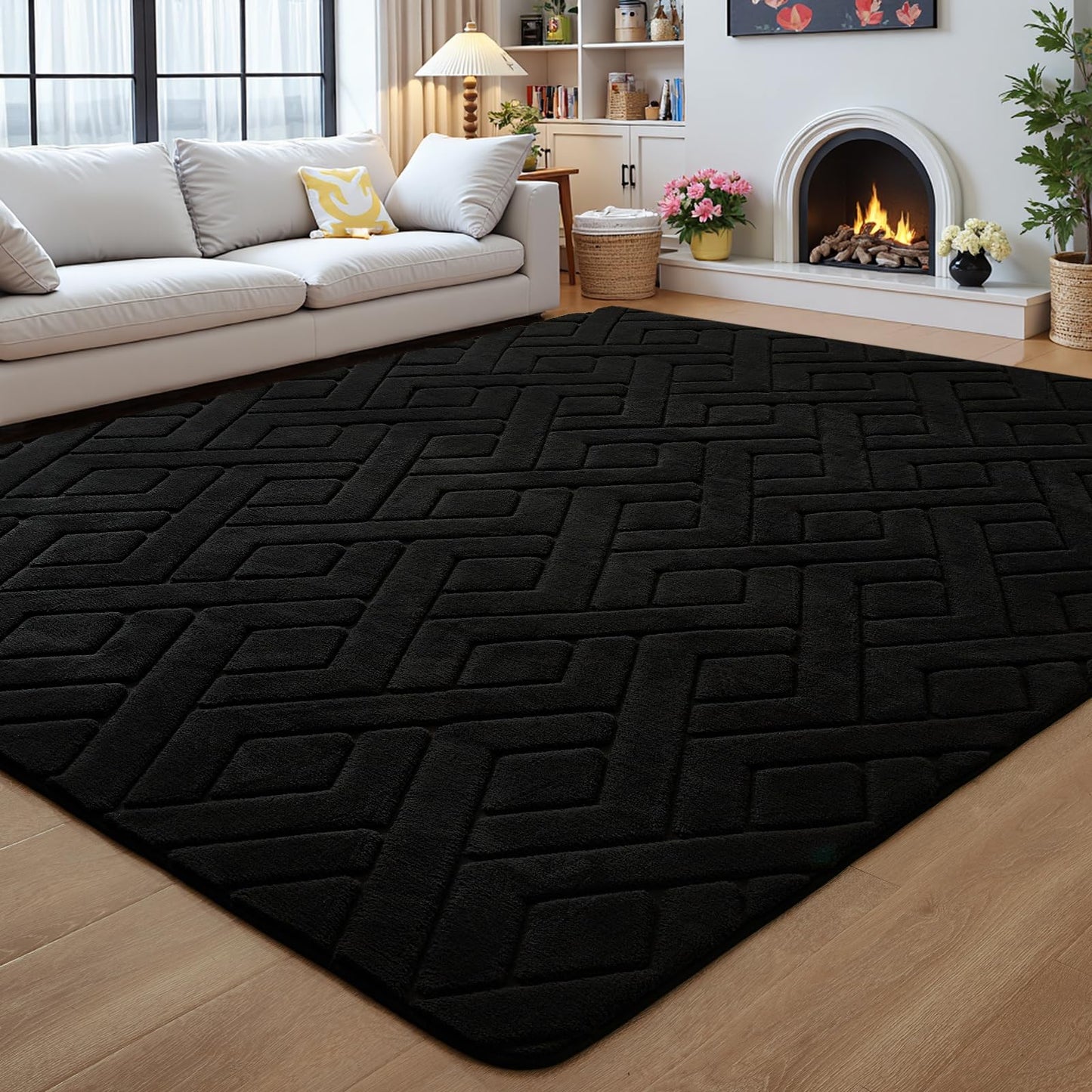 Flagover 4x6 Black Washable Area Rug for Bedroom, Modern Geometric Shag Non-Slip Living Room Rugs, Fluffy Plush Soft Memory Foam Carpet for Kids Boys Room Nursery Room Dorm Bedside Decor
