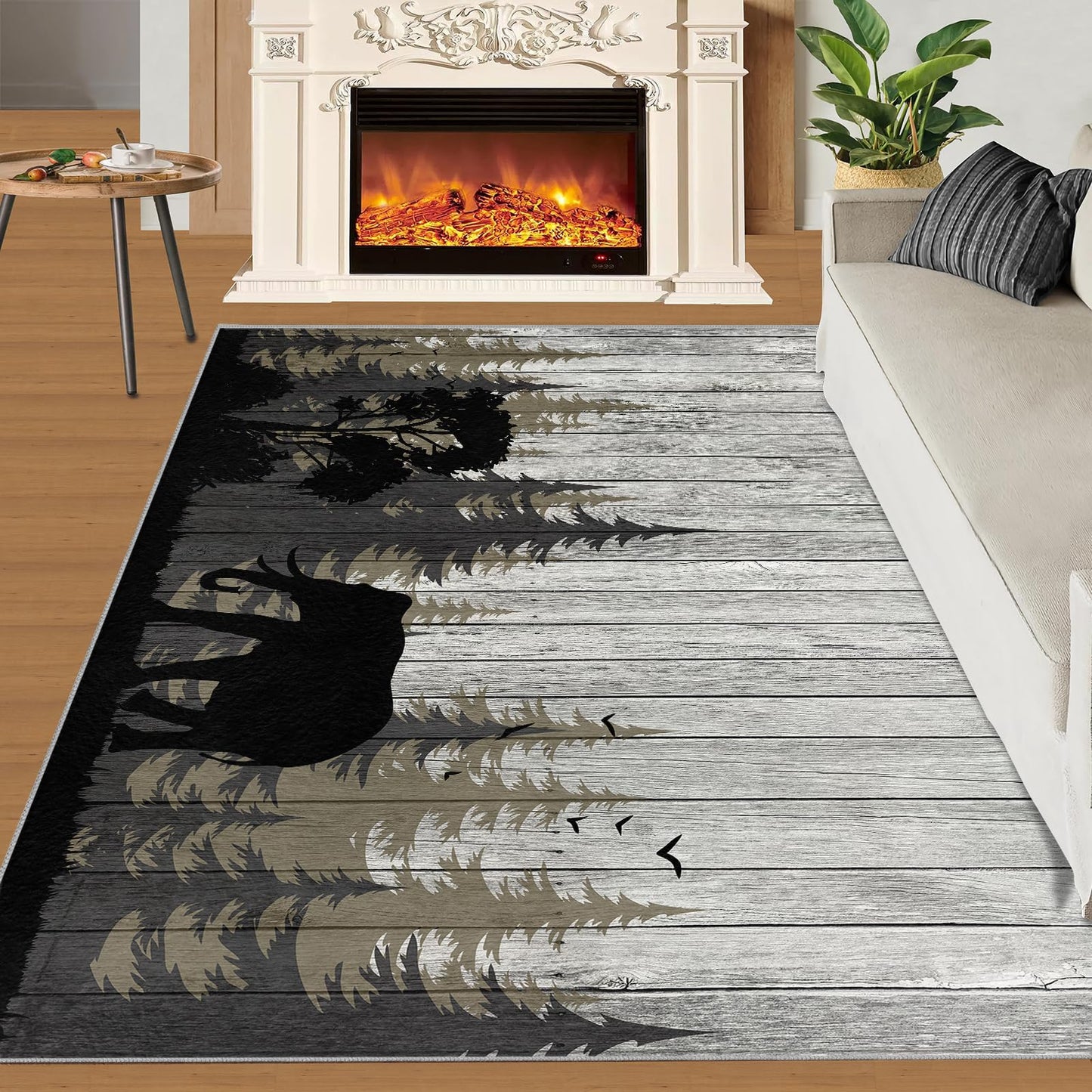 Retro Country Style Area Rug - 4' x 5' Wooden Board Animal Silhouettes Indoor Rug, Easy Care Machine Washable Large Carpet for Living Room Bedroom Dining Room Office