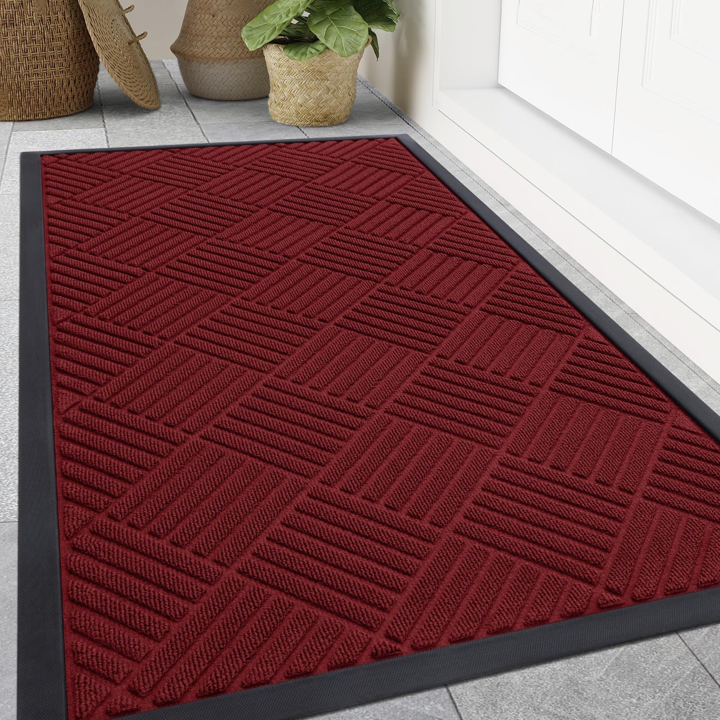 Smiry Front Door Mat Outside Entrance, Heavy Duty Outdoor Indoor Mat, Natural Rubber Doormat, Non Slip, Trap Dirt and Moisture, Easy Clean, Low Profile Patio Porch Entryway Mat, 47x32, Wine Red