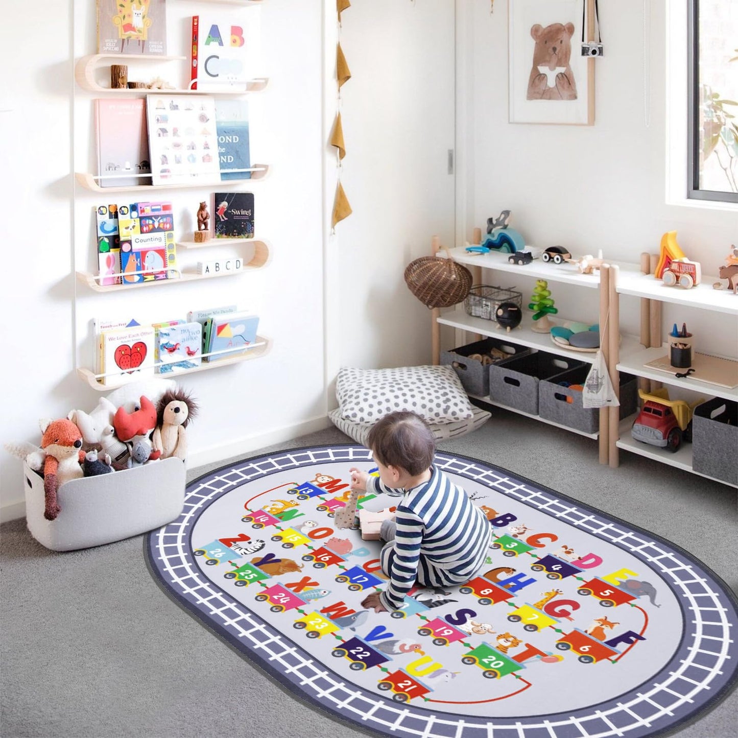 HiiARug Small Playroom Rug, Kids Playmat ABC Alphabet, Numbers, Train and Road Themed Play Mat Educational Floor Carpet for Classroom Kids Bedroom Decor,Grey, 3'3" x 5'