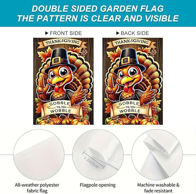 Thanksgiving Turkey Garden Flag 12x18 Inch Welcome Gobble Til You Wobble Outdoor Flag Double Sided Fall Autumn Yard Banner with Cartoon Pilgrim Turkey and Pumpkins for Porch Lawn Patio