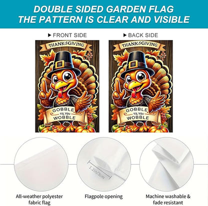 Thanksgiving Turkey Garden Flag 12x18 Inch Welcome Gobble Til You Wobble Outdoor Flag Double Sided Fall Autumn Yard Banner with Cartoon Pilgrim Turkey and Pumpkins for Porch Lawn Patio