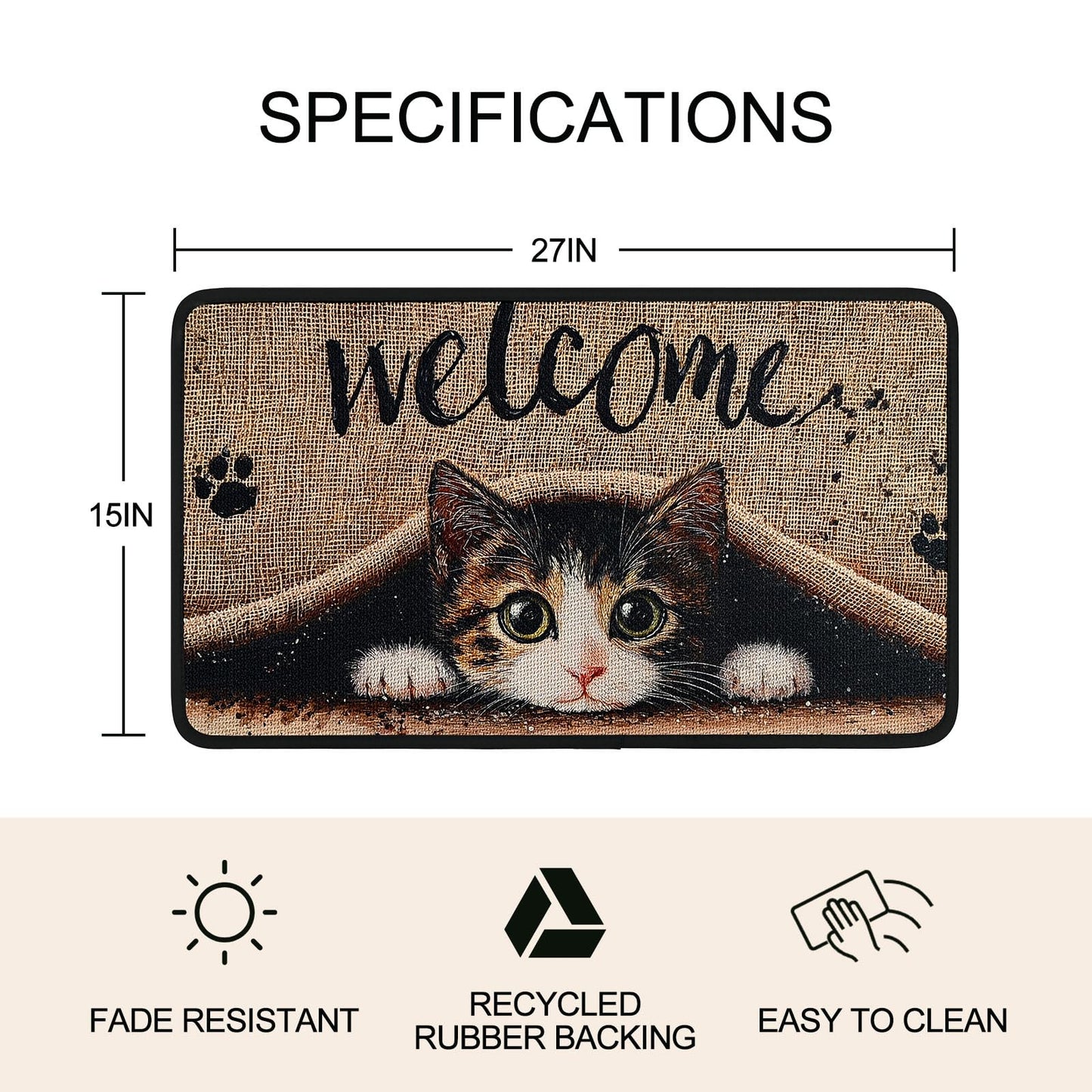 Worltoldb Welcome Cat Door Mat Indoor Outdoor Entrance Floor Mats Non-Slip Washable Decor Rugs 27x15 Inch