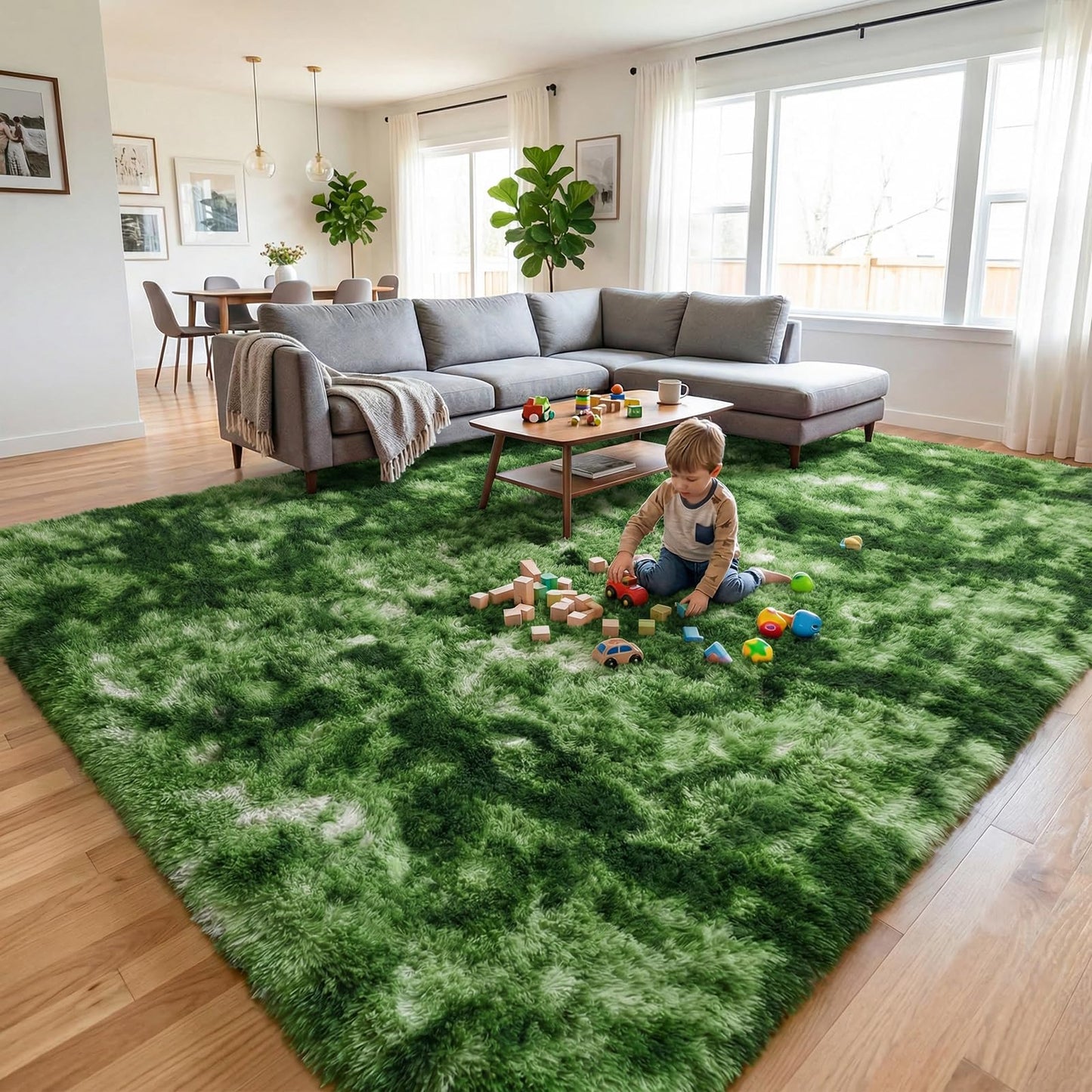 DweIke Fluffy Dark Green Rugs for Bedroom Living Room, 3x5 Feet Soft Plush Shaggy Tie-Dyed Forest Moss Green Girls Boys Kids Rug, Non-Slip and Machine Washable Carpet for Dorm Nursery Decor
