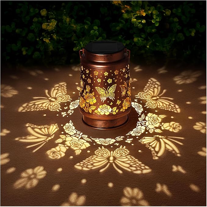Butterfly Solar Lanterns Outdoor Waterproof Rose Garden Decor Gifts for Women Mom Grandma Hanging Solar Lights Metal Solar Decoration Outside for Yard,Patio,Backyard,Porch