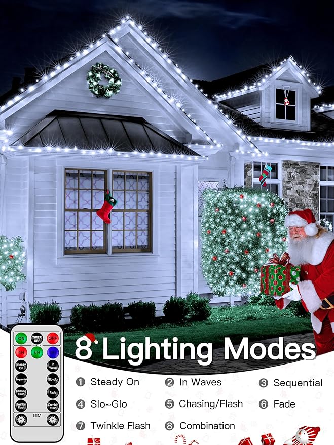Christmas Lights Outdoor 262 FT 800 LED, Plug-in String Lights for Classroom, Clear Wire 8 Modes LED White String Light, IP67 Waterproof Christmas Tree Lights for Bedroom Indoor Wedding Holiday Decor