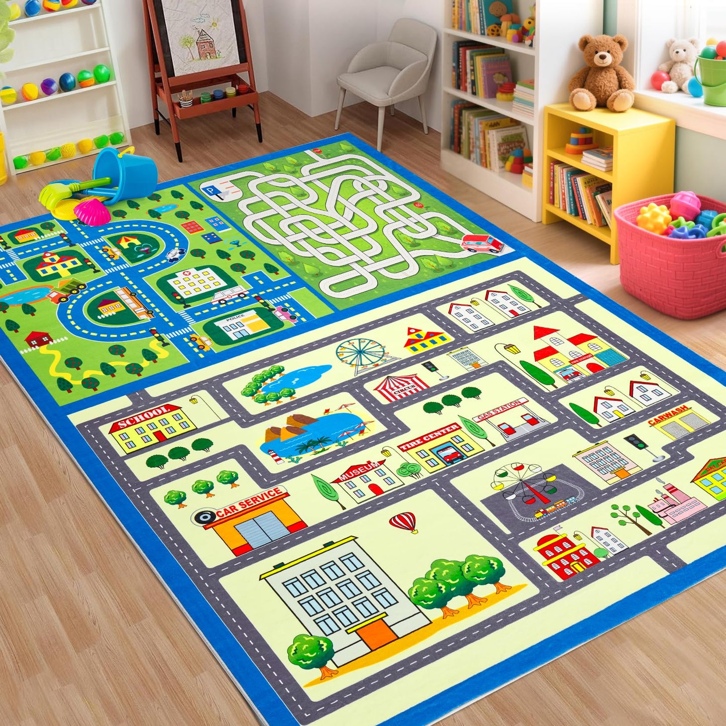 COZYLOOM City Life Car Road Kids Play Mat 4x6 Non Slip Washable Traffic Road Playroom Rug, City Map Race Track Carpet, Ultra-Soft Foldable Interactive Learning Rug for Kids Room Bedroom Nursery