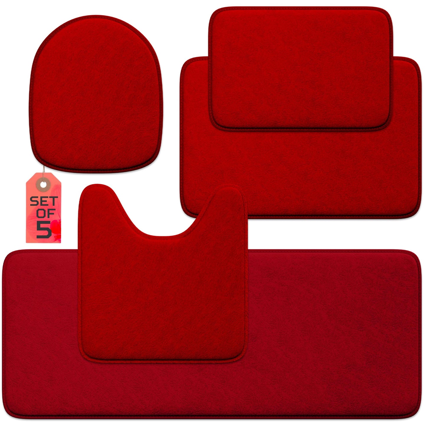 Elvoki 5-Piece Memory Foam Bath Mat Set - Non Slip Cushioned Ultra Absorbent Bathroom Floor Rugs - Machine Washable Quick Dry Soft Shower Mat - Burgundy