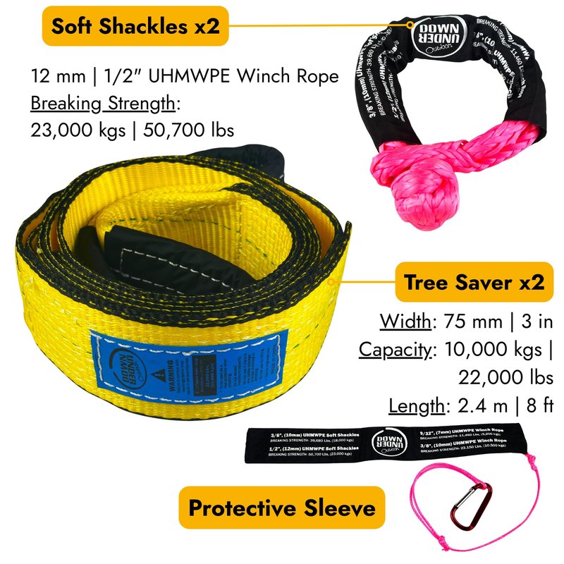 DOWN UNDER OUTDOORS Heavy Duty Game/Log/4x4 Recovery Kit, Deer Drag, 550 ft of 3/8” (23,150 lbs) Winch Rope on Metal Reel, 2 Tree Savers, 2 Soft Shackles, 2 Snatch Rings, 2 Figure 8 Rings, Gear Bag