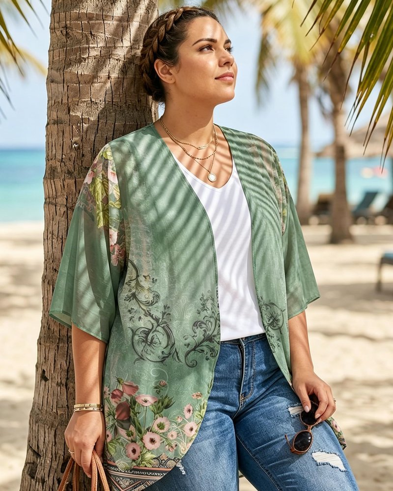 Women's Floral Print Puff Sleeve Kimono Cardigan Loose Cover Up Casual Blouse Tops(Army Green Floral,S)