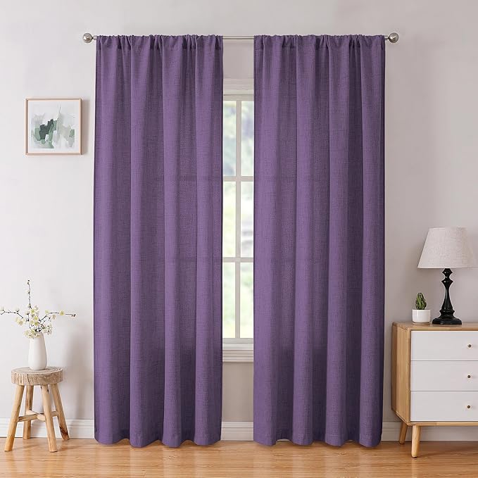 Tollpiz Linen Curtains Bedroom Rod Pocket Semi Sheer Curtain Burlap Light Filtering Thick Linen Drapes for Living Room, 54 x 84 inches Long, Royal Purple, Set of 2 Panels