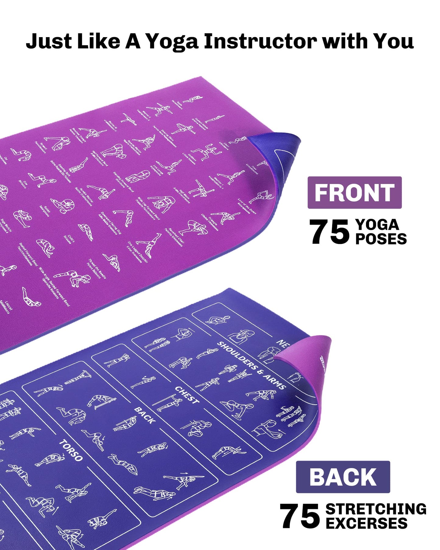 Instructional Travel Yoga Mat with 75 Poses & Exercises - Non-slip Exercise Mat for Home Workout, Includes Carrying Bag - Perfect for Beginners, 68"x24"x0.25"