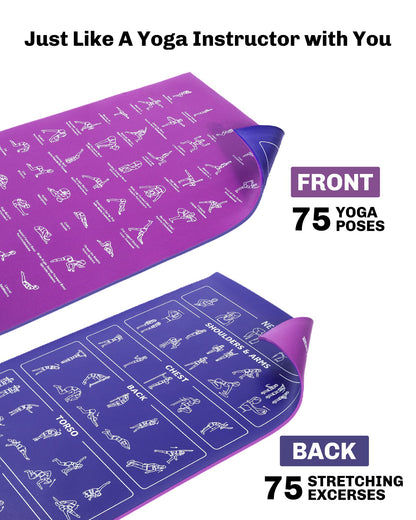 Instructional Travel Yoga Mat with 75 Poses & Exercises - Non-slip Exercise Mat for Home Workout, Includes Carrying Bag - Perfect for Beginners, 68"x24"x0.25"