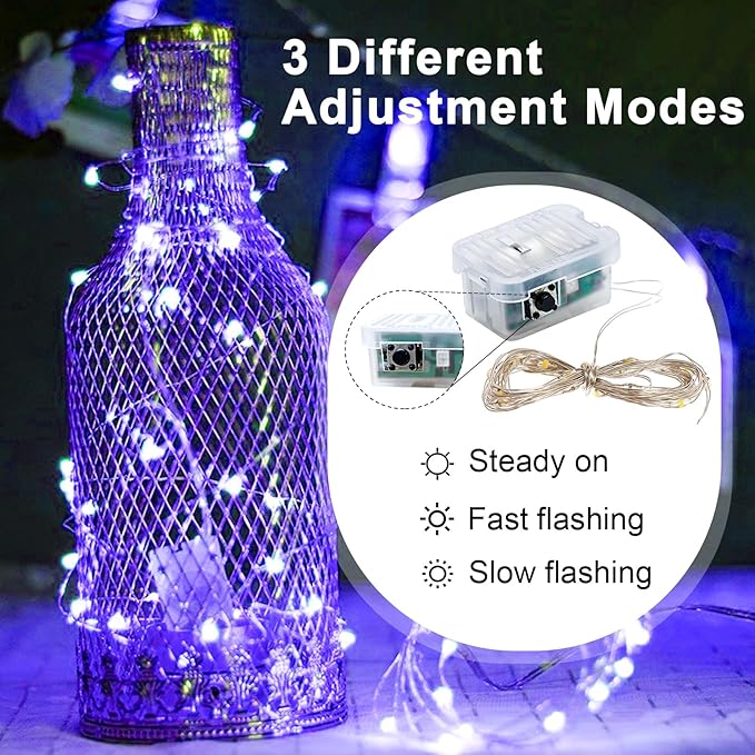 pozzolanas 24 Pack Purple Fairy Lights Battery Operated 3 Modes 7FT 20 LED Waterproof String Lights Twinkle Silver Wire for Mason Jars Wedding Christmas Halloween Party Decor (24, Purple)