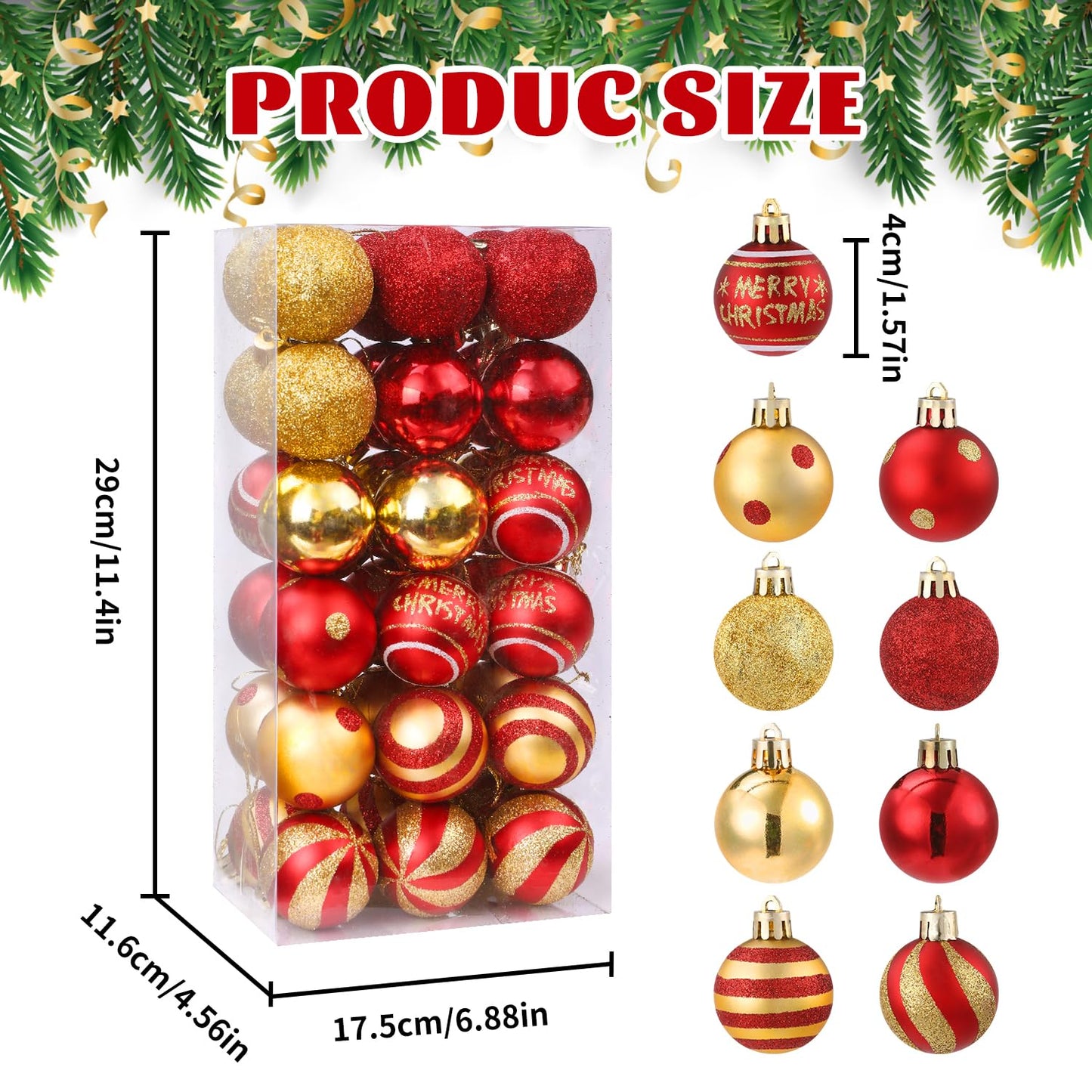 Celltestria 36pcs Mini Christmas Balls Ornament 1.57 Inch Red Gold Little Hanging Xmas Balls for Tree Decoration Swirl Candy Cane Polka Dots Tiny Christmas Baubles for Home Indoor Holiday Party Decor