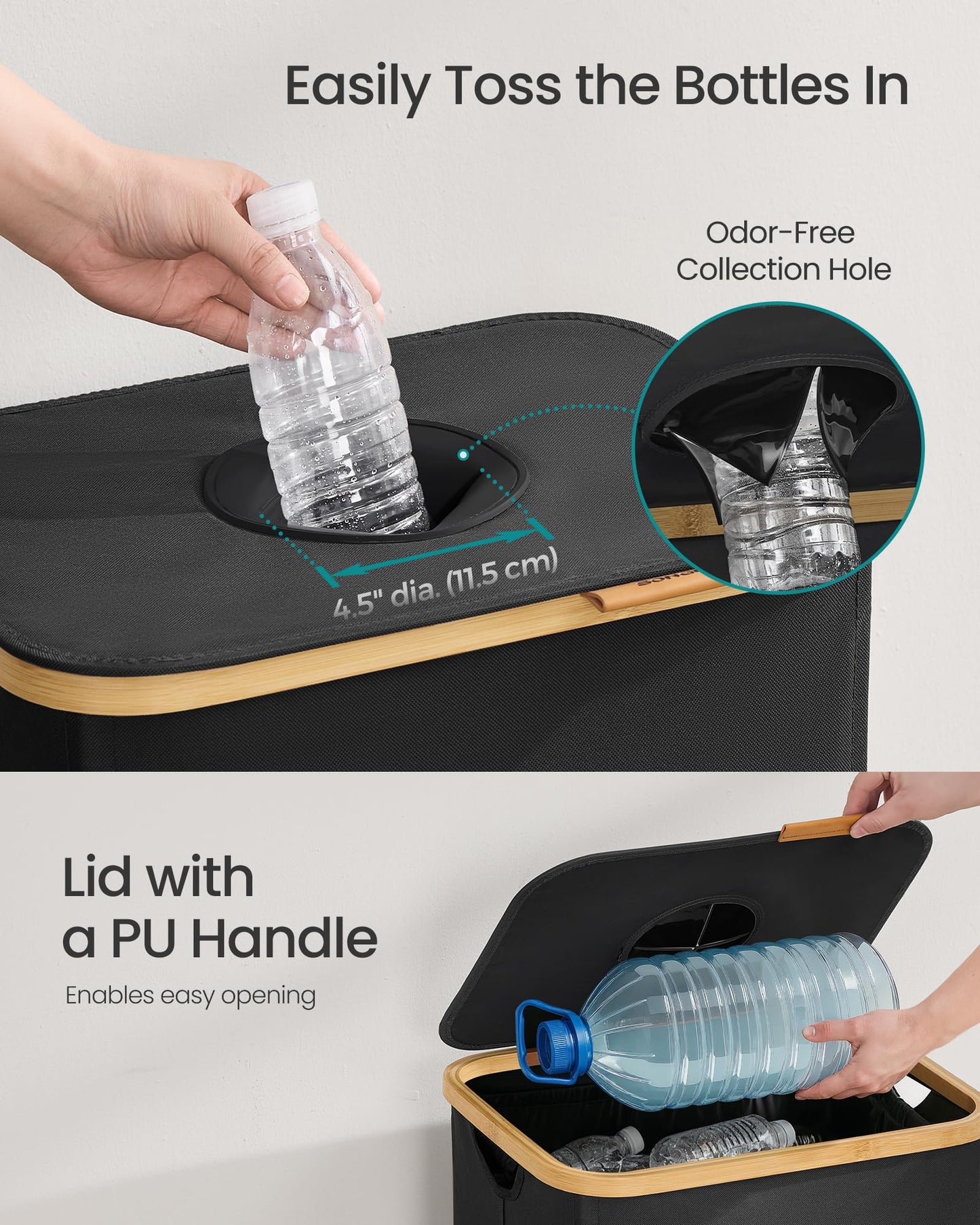 SONGMICS Recycling Bin for Kitchen 26.4 Gallon. Bottle Recycling Container, Collection Bin, for Metal, Plastic, Paper, Glass, Inner Bag with Handles, Kitchen, Ink Black and Natural Beige URRB509B01