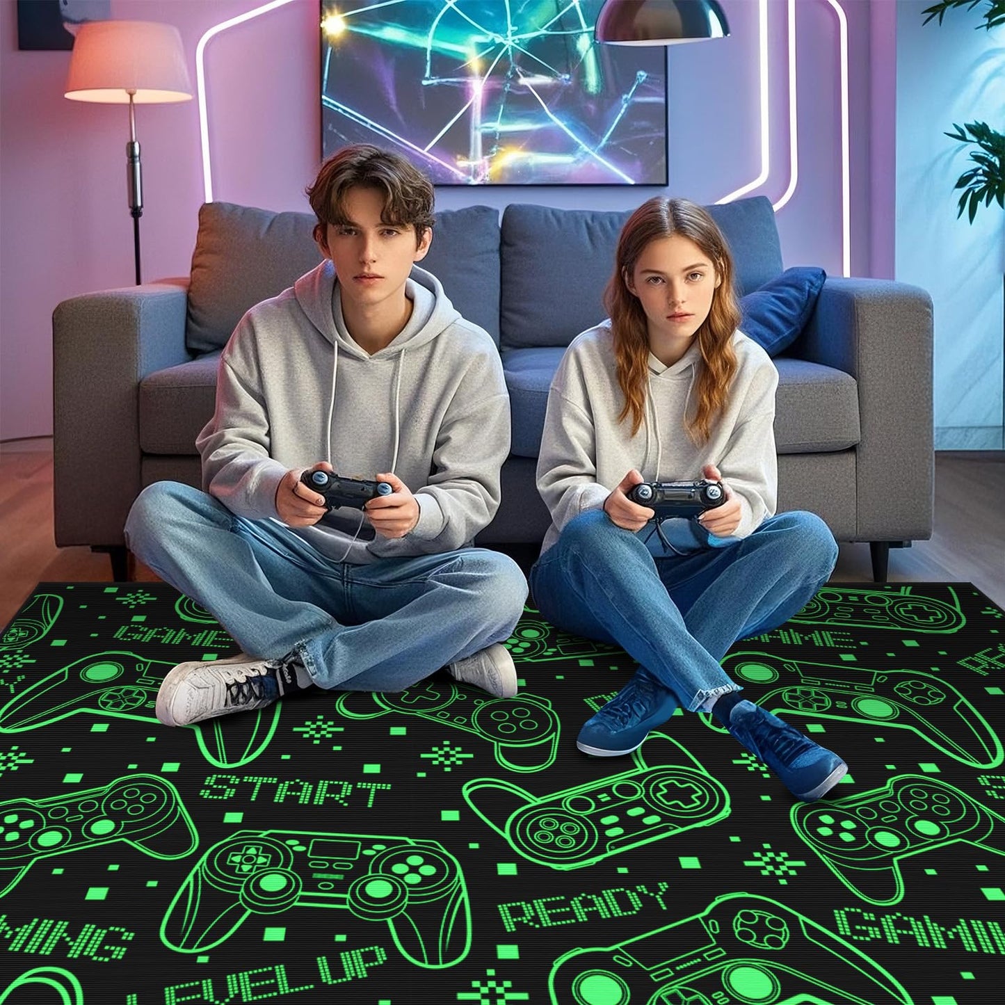 Blacklight Gaming Rug for Living Room Large Area Rug 47"x71" Fluorescent Green Gamer Rug for Boys Teen Room Decor Cool Game Controller Area Carpet for Bedroom Game Room Playroom Apt Dorm