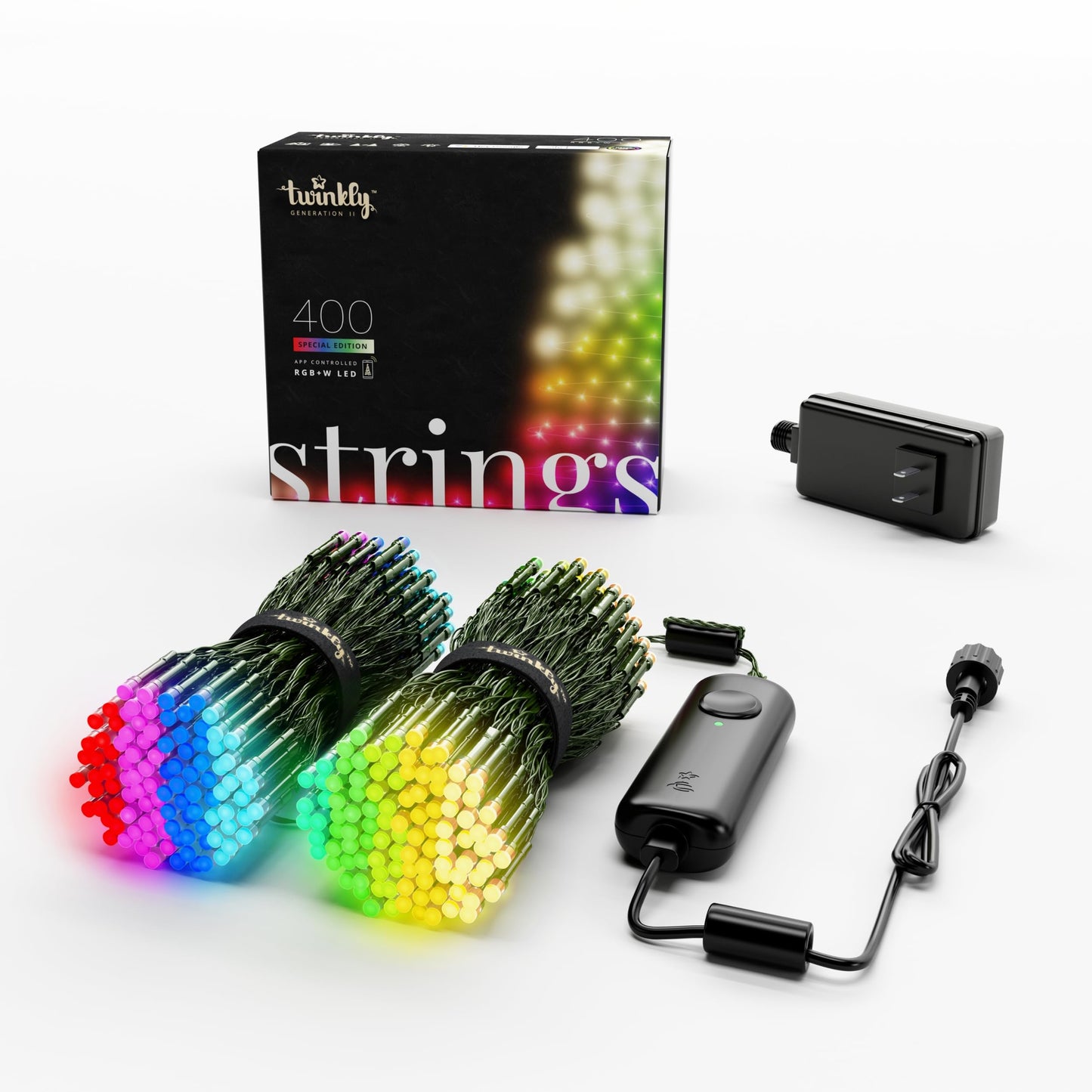 Twinkly Strings 400 LED RGB+White, LED Light String, in- and Outdoor Smart Multicolor LED Lights, Mappable LEDs, Compatible with Alexa, and Google Home, IP44, Green Wire, 105ft