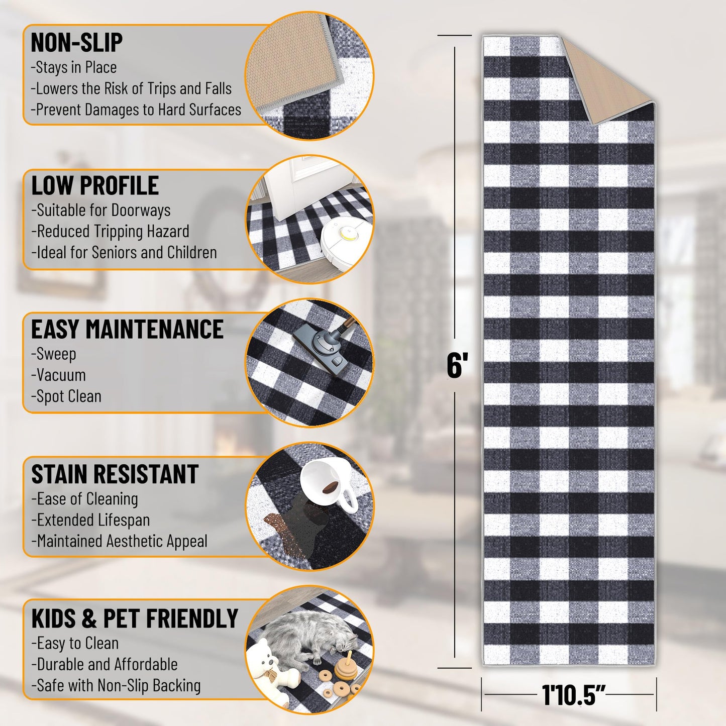 Ottomanson 1'10.5" x 6' Kitchen Runner Rug – Non Slip Stain Resistant Low Pile Kitchen Floor Mat for Sink, Laundry Room, Hallway & Bathroom, Checkered Black/White