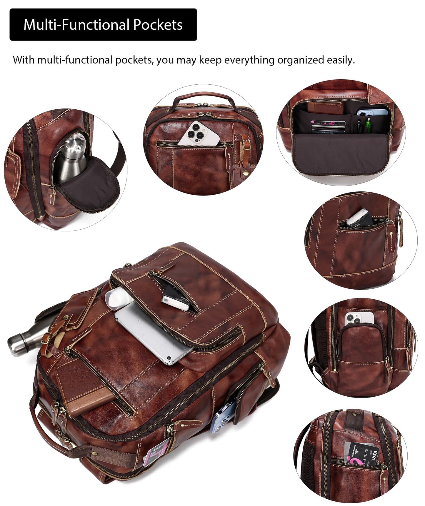 LANNSYNE Full Grain Leather Backpack For Men, Fits 16" Laptop, Coffee