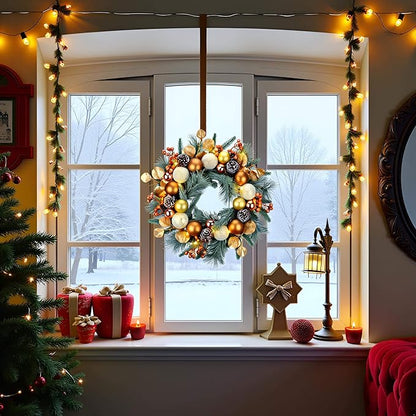 YULETIME 20-inch Christmas Wreath, Battery Operated Holiday Wreath with 20 Fairy Lights, Golden Baubles & Berries, Pine Cones, Golden Leaves, Frosted Spruce Branches and Pine Needles (Gold)