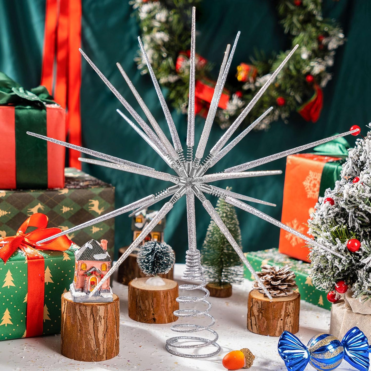 Silver Christmas Tree Topper 13.7 Inch - No DIY Silver Star Burst Tree Topper, Exploding Star Christmas Tree Decorations