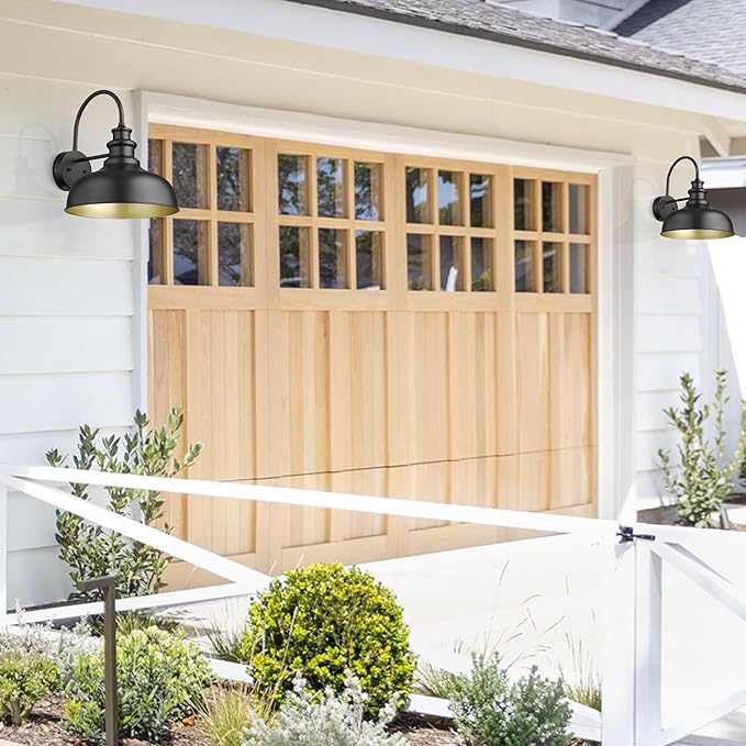 Bestshared 14 Inch Dome Gooseneck Barn Light, Farmhouse Wall Mount Light Fixture, Exterior Lighting Fixture Outdoor Sconce for Porch,Garage,Patio (Black+ Gold, 14” Dome-1Pack)