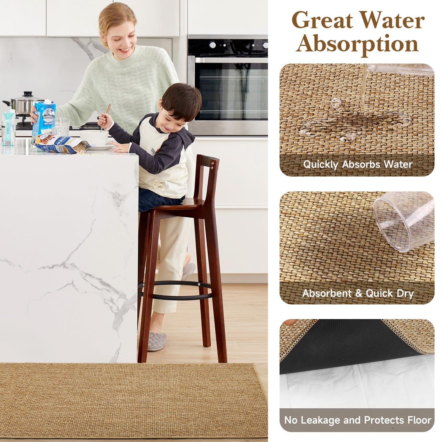 SofterCharm Kitchen Rugs and Mats, Non Slip Washable Set of 2 PCS, Absorbent Kitchen Mats for Floor, Kitchen Runner Rug, Rubber Backing, for Kitchen Decor, Front of Sink(Khaki, 20’’x 32’’+ 20’’x 47’’)