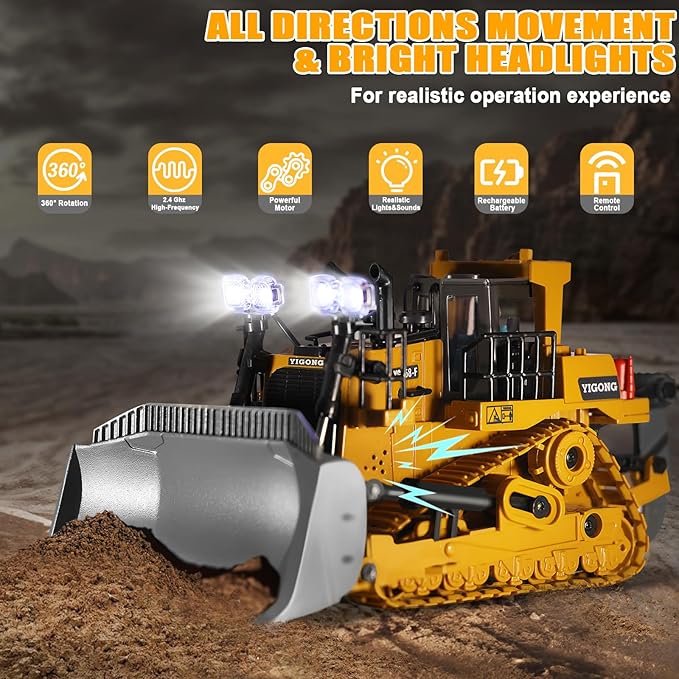 Remote Controlled Bulldozer 9-Channel Metal RC Construction Vehicle Toy with Lights Sound and Rechargeable Battery Remote Controlled Bulldozer Toy Gift for Kids Boys Girls Aged 4-12 (2.4 GHz)