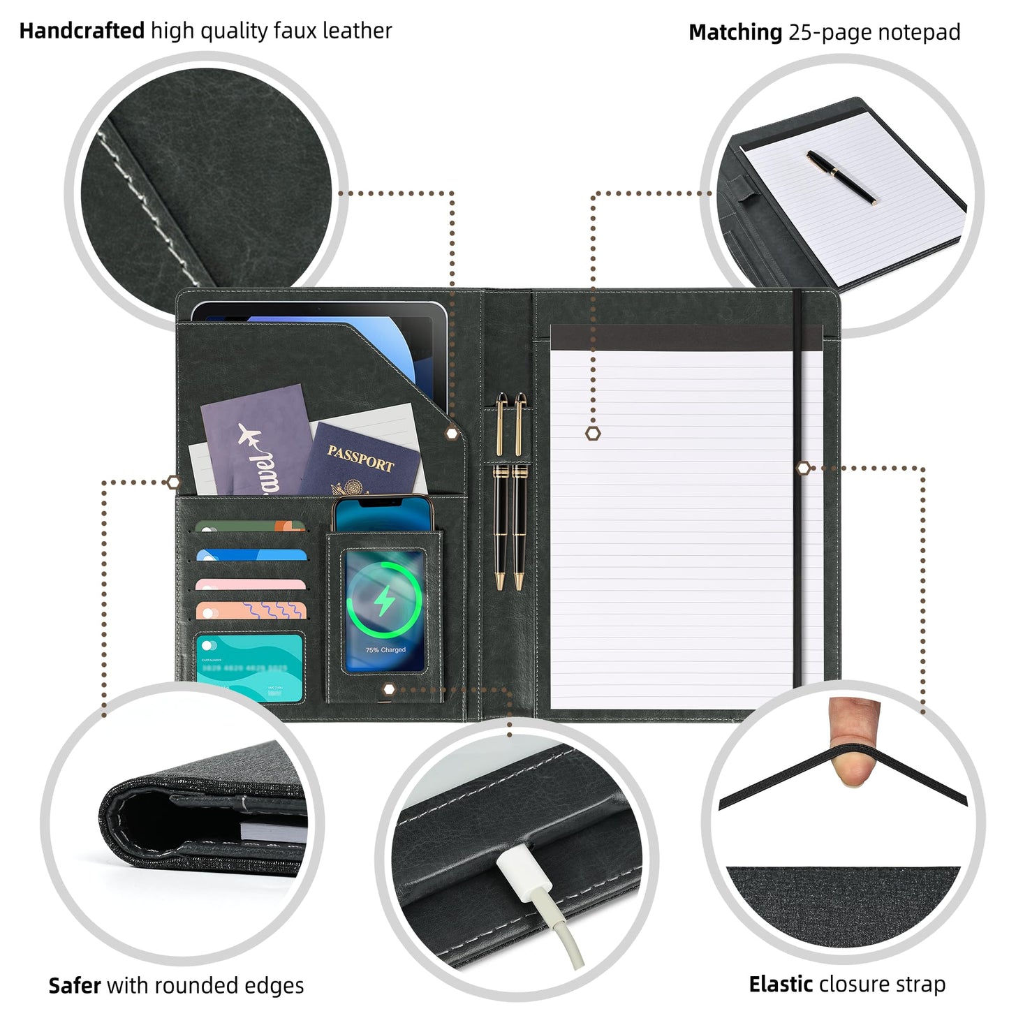 Leather Padfolio with Clipboard Folio Folder Padfolios for Women Black Sparkle Binder with Notepad