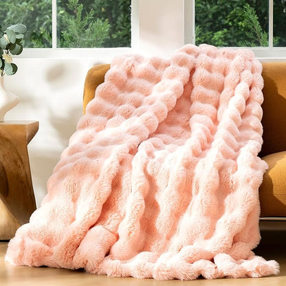 Luxury Faux Fur Throw Blanket 3D Bubble for Couch - Fluffy Blanket Double-Sided Non-Shedding, 50x60 Inches, Fits Bed/Car/Camping/Patio, Gift for Women,Room Decor,Pink