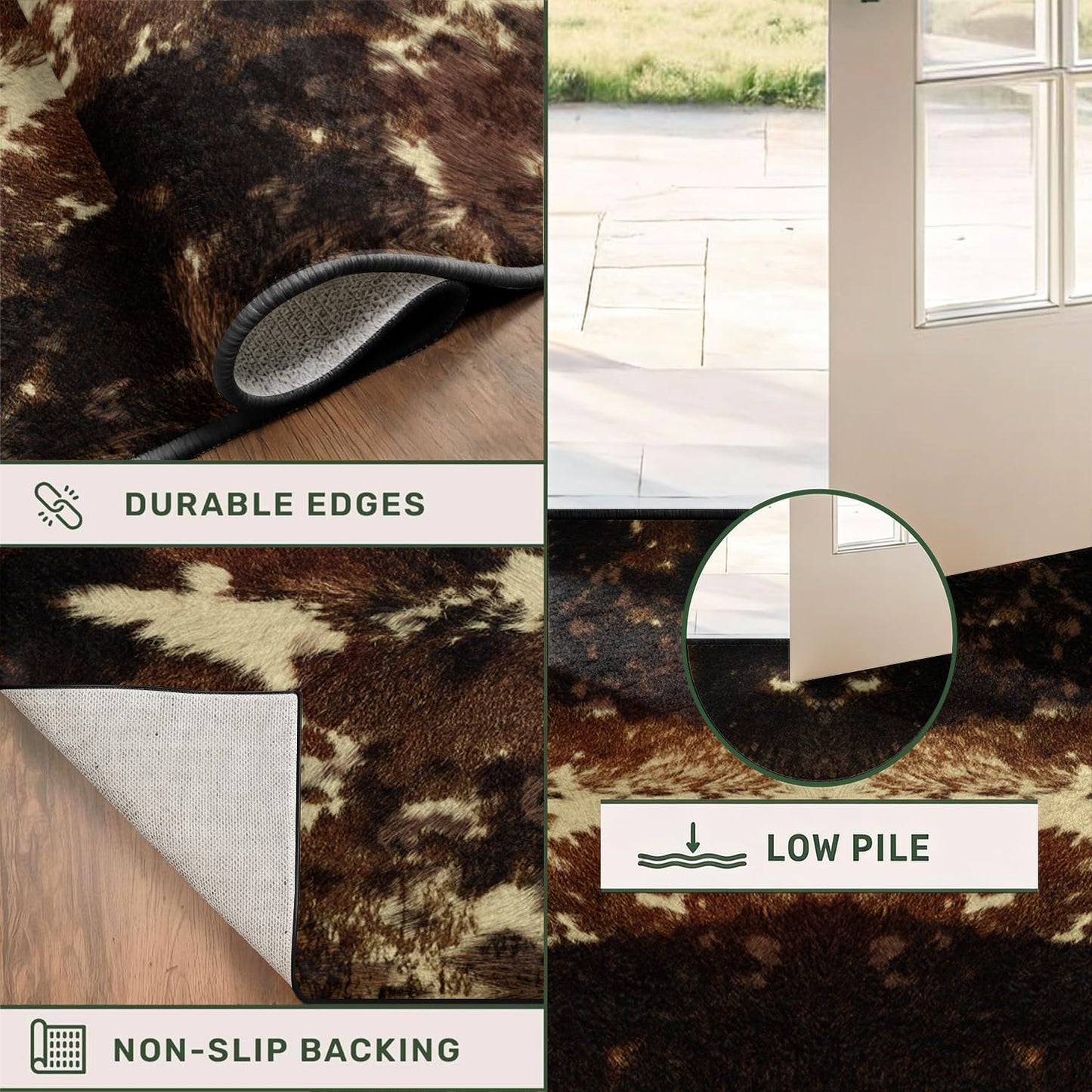 Bycmuoz Cowhide Runner Rug, 2x6ft, Western Faux Animal Hide Entryway Rug for Hallway Entryway, Non Slip Rustic Farmhouse Kitchen Runner, Washable Absorbent Carpet Brown