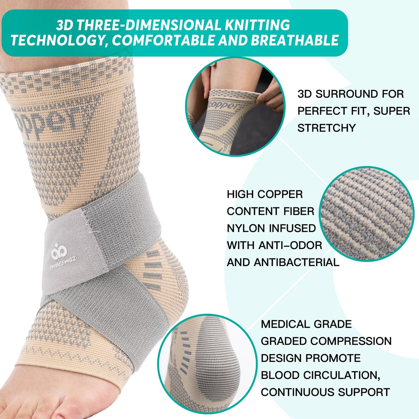 INDEEMAX Ankle Brace for Women & Men, Ankle Compression Sleeve Support Copper Infused Ankle Brace for Sprained Ankle, Plantar Fasciitis Sports, Achilles Tendonitis Pain Relief, Skin Silver, S