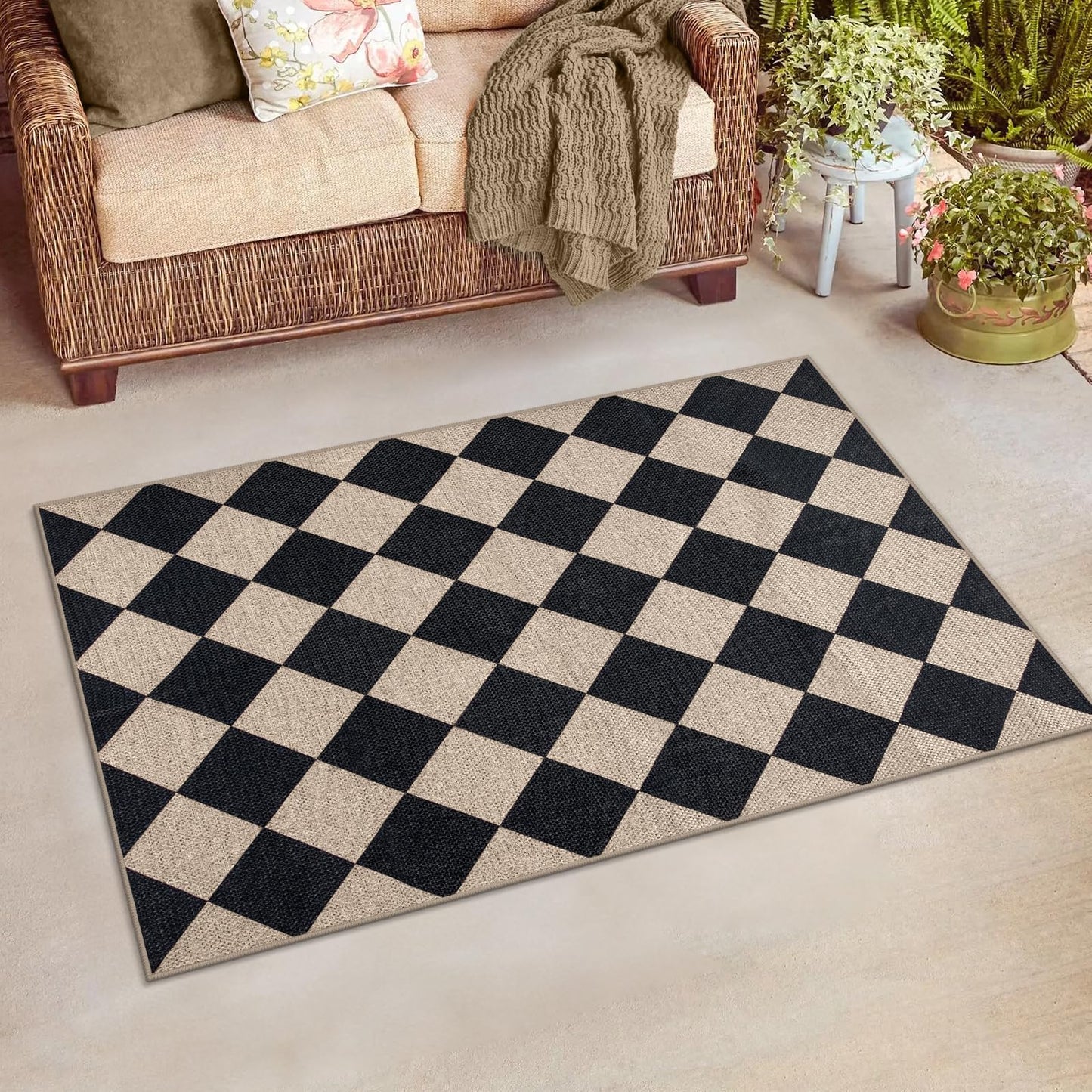 Lahome Colette Checkered Easy Jute 3x5 Outdoor Patio Rug, Washable Rugs for Entryway Diamond Indoor Outdoor Living Room Carpet, Farmhouse Neutral Non Slip Black Door Carpet for Backyard Bedroom